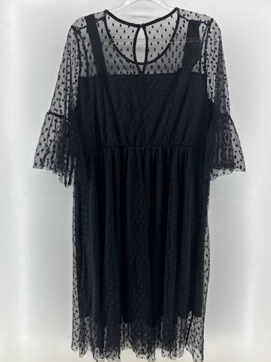 Lane Bryant Dresses & Skirts - Lane Bryant 18 Black Polka Dot Mesh Midi Dress 3/4 Bell Sleeve Elastic Waist